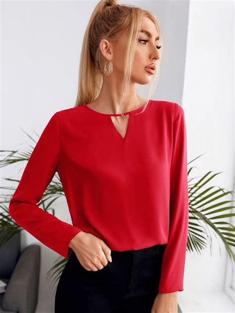 Emery Rose Solid Keyhole Neck Blouse Shein Uk