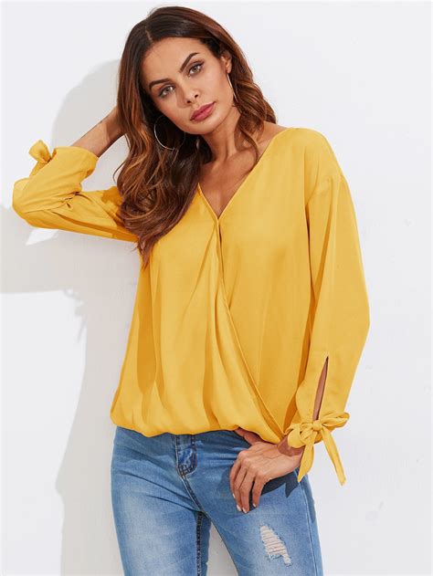 Bowed Cuff Curved Hem Surplice Wrap Blouse Shein Sheinside Bow Cuff