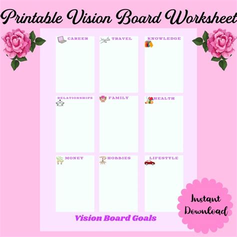 Vision Board Worksheet Vision Board Planner Dream Board Goal Etsy