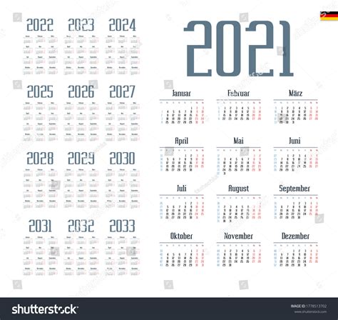 German Calendar 20212033 Week Starts On Stock Vector Royalty Free