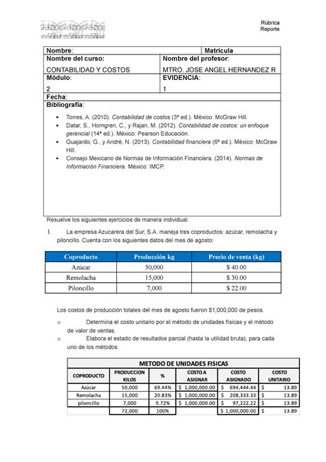 Evidencia 1 conta Reporte Nombre Matrícula Nombre del curso