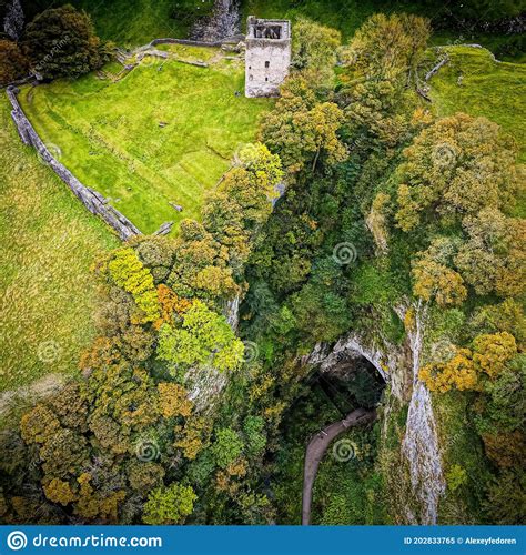 Aerial View of Peveril Castle Ruins in Castleton in Peak District, England Stock Image - Image ...