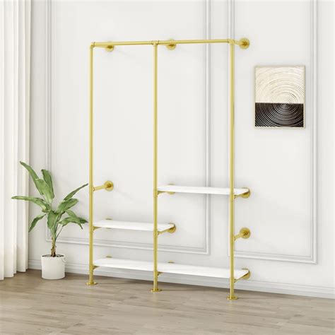 HEONITURE Gold Clothing Rack With 3 Tier Shelves Multi Purpose Heavy