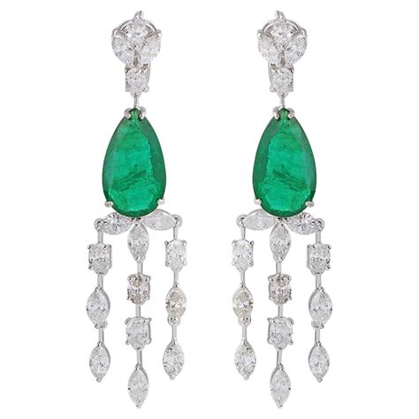 Pear Shape Emerald Gemstone Dangle Earrings Diamond 18 Karat White Gold Jewelry For Sale At 1stdibs