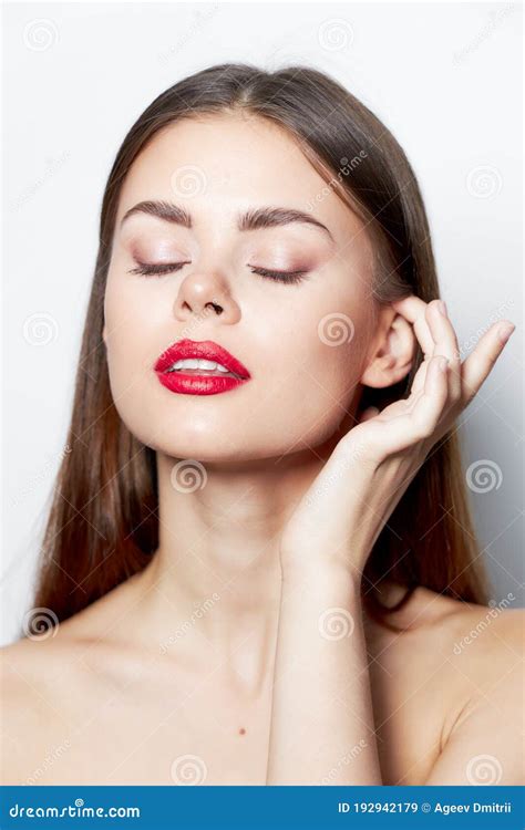 Attractive Woman Clear Skin Naked Shoulders Closed Eyes Red Lips Charm