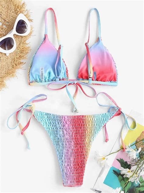 Emmiol Free Shipping 2023 Rainbow Smocked Bikini Set Pink M In Bikini