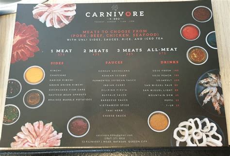 Menu at Carnivore restaurant, Quezon City