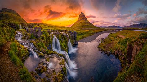 Fondos De Pantalla 1366x768 Islandia Montañas Kirkjufell Amaneceres Y Atardeceres Cascadas Ríos