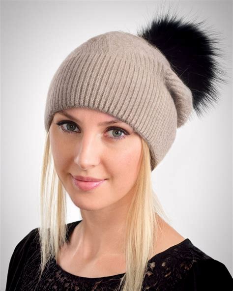 Woolen Cashmere Hat With Raccoon Fur Pompom Beige Fox