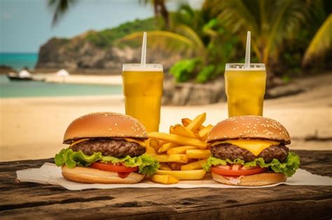 Dos Hamburguesas Con Una Bebida En Una Mesa Foto Premium