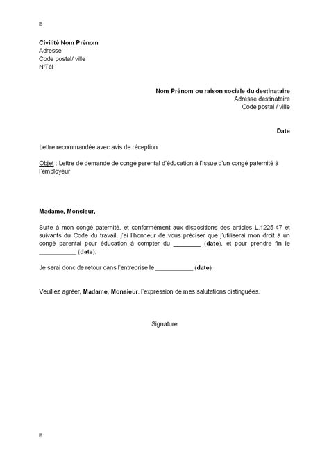 Exemple De Lettre Pour Conge Parental A 50