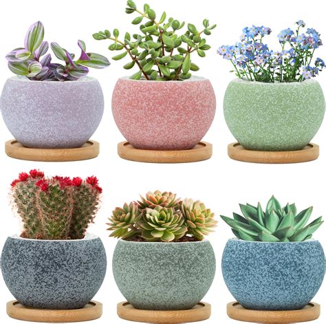 Okuna Outpost 6 Pack Small Ceramic Pots For Plants And Succulents With Bamboo