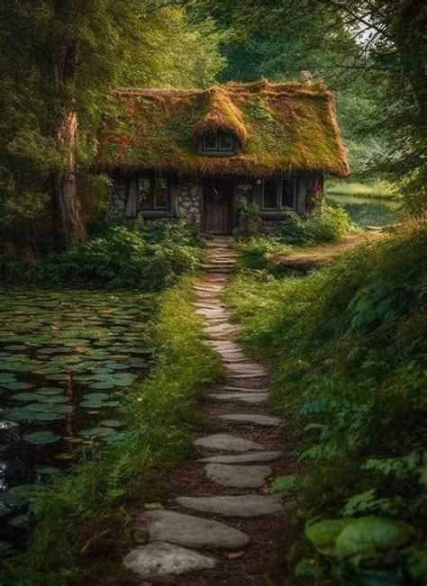 A Small House In The Middle Of A Forest With Water Lilies And Grass Roof