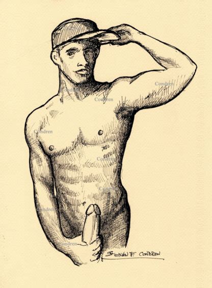 Nude Boy Jacking Off With Cap Pen Ink Drawing Gay Fine Art