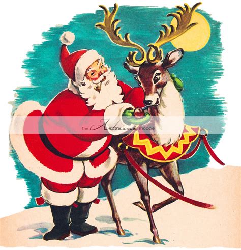 Vintage Santa Claus With Reindeer Christmas Image Digital - Etsy