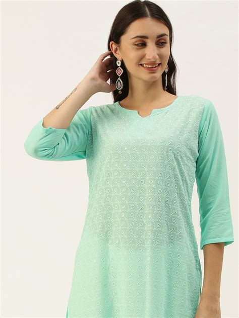 Buy Swagg India Women Sea Green Ethnic Motifs Embroidered Chikankari