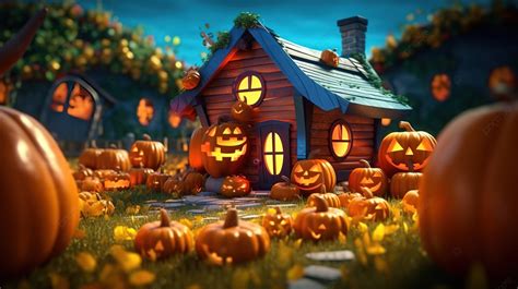 Spooky Cartoon House Decked Out For Halloween With Jack O Lanterns In ...