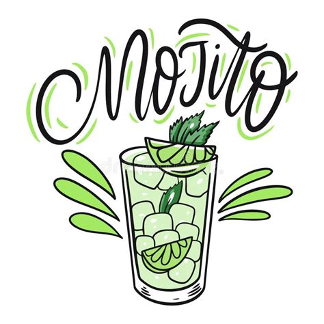 Mojito Cocktail And Lettering Colorful Cartoon Vector Illustration