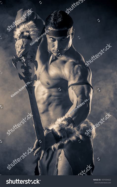 Portrait Handsome Muscular Ancient Warrior Sword Stock Photo 187434422