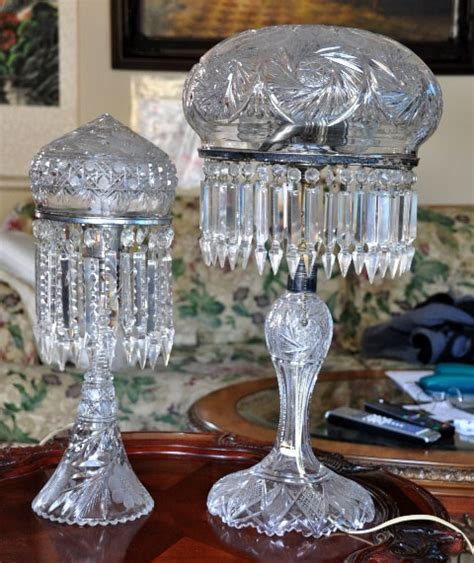 Pair Of Antique American Brilliant Period Cut Crystal Table Lamps With Mushroom And Acorn Shades