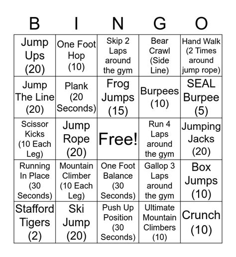 Exercise Bingo Card