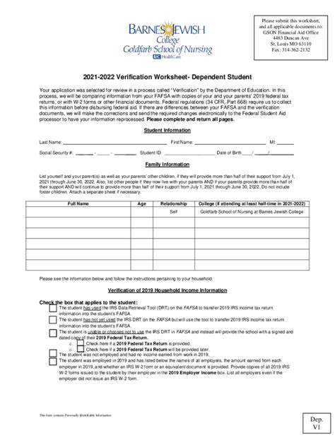 Fillable Online Dep V1 2021 2022 Verification Worksheet Dependent