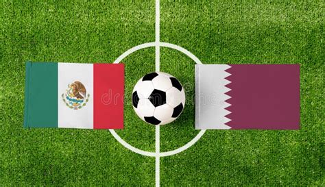 Top View Ball with Mexico Vs. Qatar Flags Match on Green Football Field ...