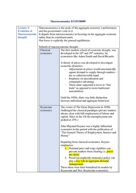 Macroeconomics Summary Notes Macroeconomics Econ Lecture 1