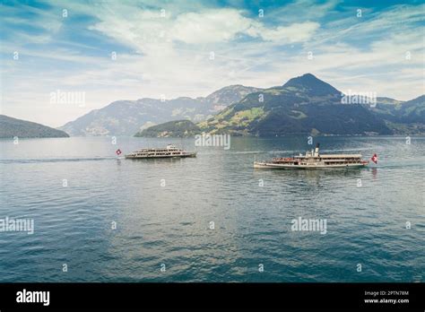 Aerial View Of Lucerne Lake With Ferries Lucern Switzerland Stock