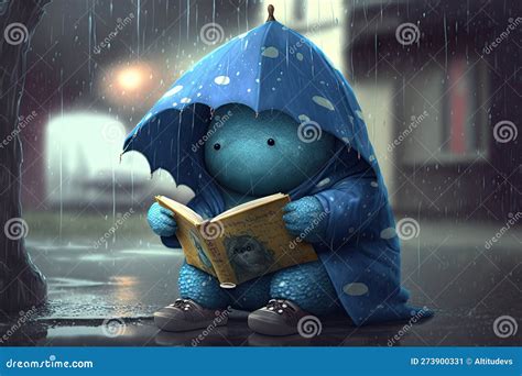 Un Monstruo Lindo Leyendo Un Libro Mientras Se Sienta Bajo La Lluvia