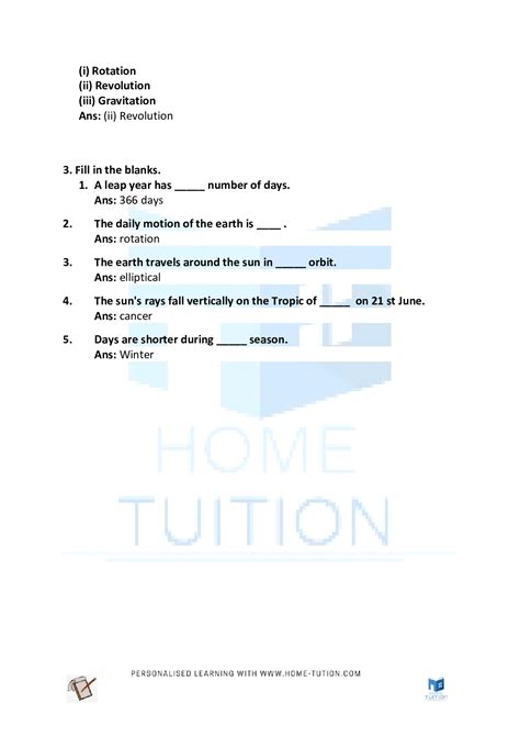 NCERT Solutions For Class 6 Geography Chapter 3 Motions Of The Earth