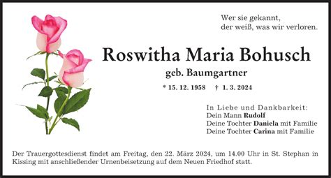 Traueranzeigen Von Roswitha Maria Bohusch Augsburger Allgemeine Zeitung