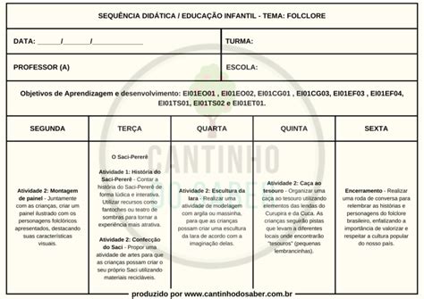 SEQUÊNCIA DIDÁTICA SEMANAL SOBRE O FOLCLORE DO EDUCAÇÃO INFANTIL