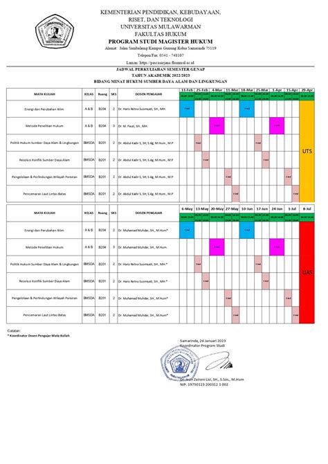 Jadwal Kuliah Prodi Magister Ilmu Hukum Semester Genap Ta