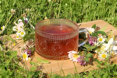 Ornate Glass Cup Of Tea Different Wildflowers And Herbs On Wooden