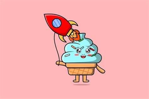 Premium Vector Cute Cartoon Ice Cream Floating With Rocket Balloon Cartoon Vector Illustration