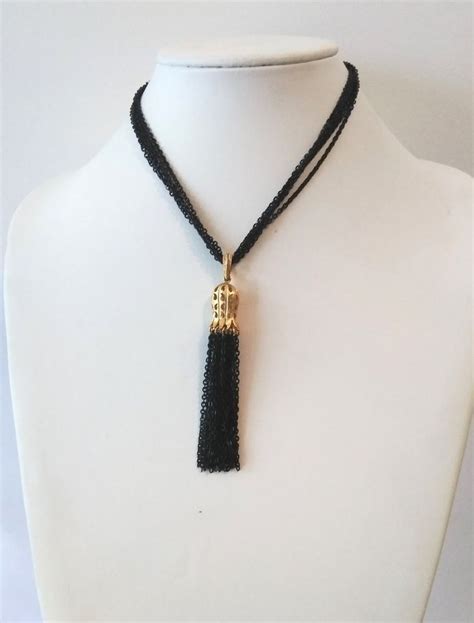 On Sale Rare Crown Trifari Black Gold Tassel Necklace Black Multi Chain Necklace Gold Tone