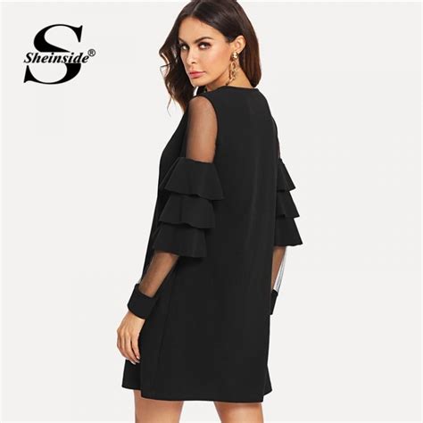 Sheinside Ruffle Sleeve Black Line Work Dress Folk S Go Online