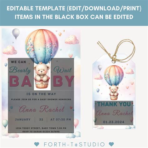 Editable Teddy Bear Hot Air Balloon Baby Shower Invitation Template