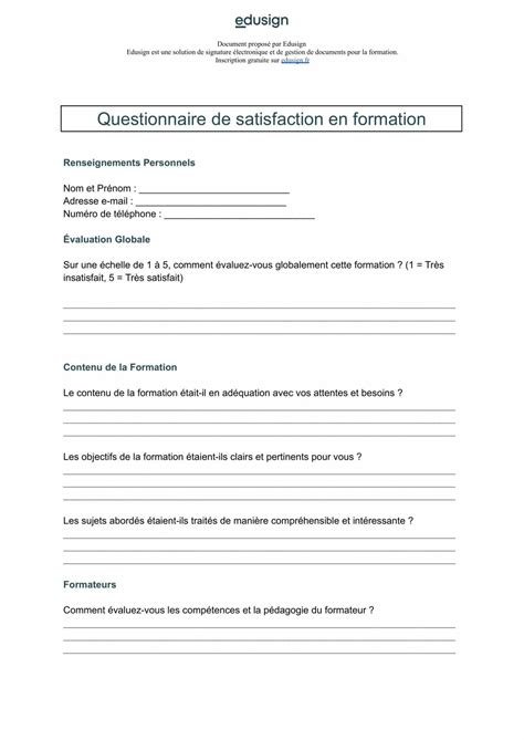 Modèle de questionnaire de satisfaction Atelier Edusign