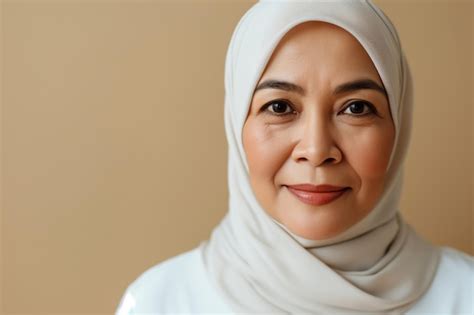 Premium Photo Smiling Mature Malay Woman In Hijab With Copy Space