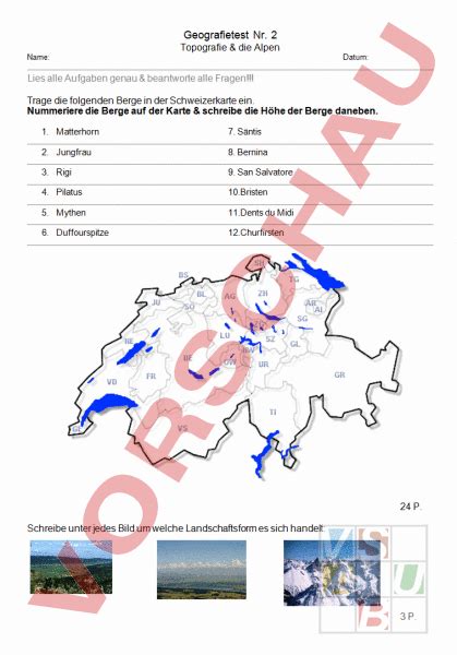 Arbeitsblatt Geografietest Alpen Pässe Geographie Schweiz