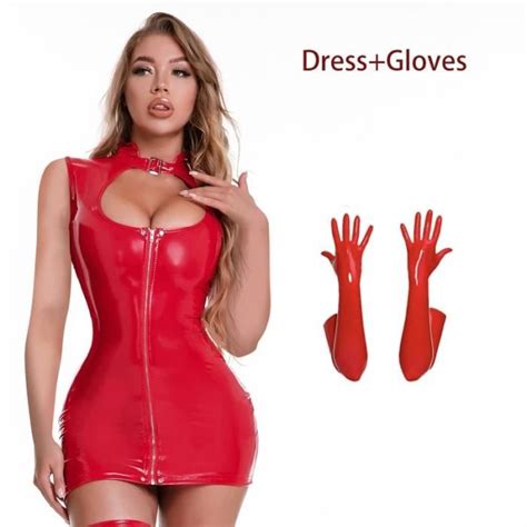 AIIOU Robe en cuir PVC Wetlook pour femmes mini robe Danse etée