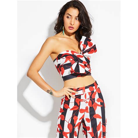 Womens Red Leaf Print Bow Knot Stripe Vacation Crop Top N15057