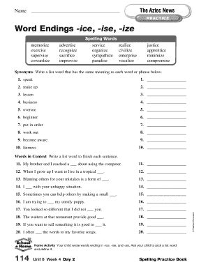 Practice Word Endings Ice Ise Ize Olean City School District