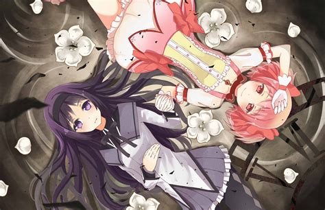 2girls Akemi Homura Black Hair Choker Dress Flowers Gloves Headband Kaname Madoka Long Hair