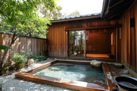 A Serene Outdoor Japanese Hot Spring Bath Onsen Surrounded By A Traditional Wooden Structure