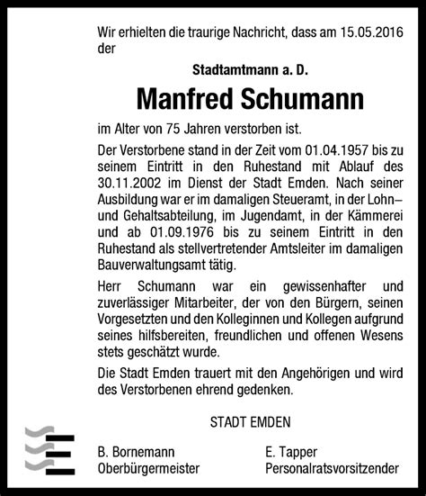 Traueranzeigen Von Manfred Schumann Nordwest Trauer De