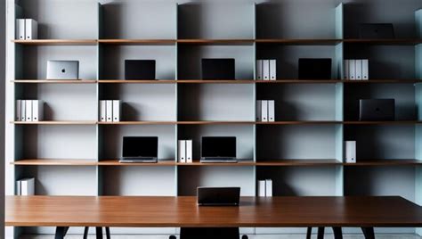 A Modern Office Workspace Featuring Organized Shelves And Technology