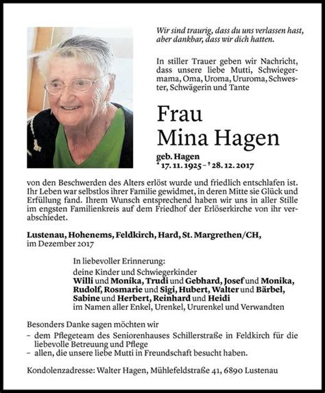 Todesanzeigen Von Mina Hagen Todesanzeigen Vorarlberger Nachrichten